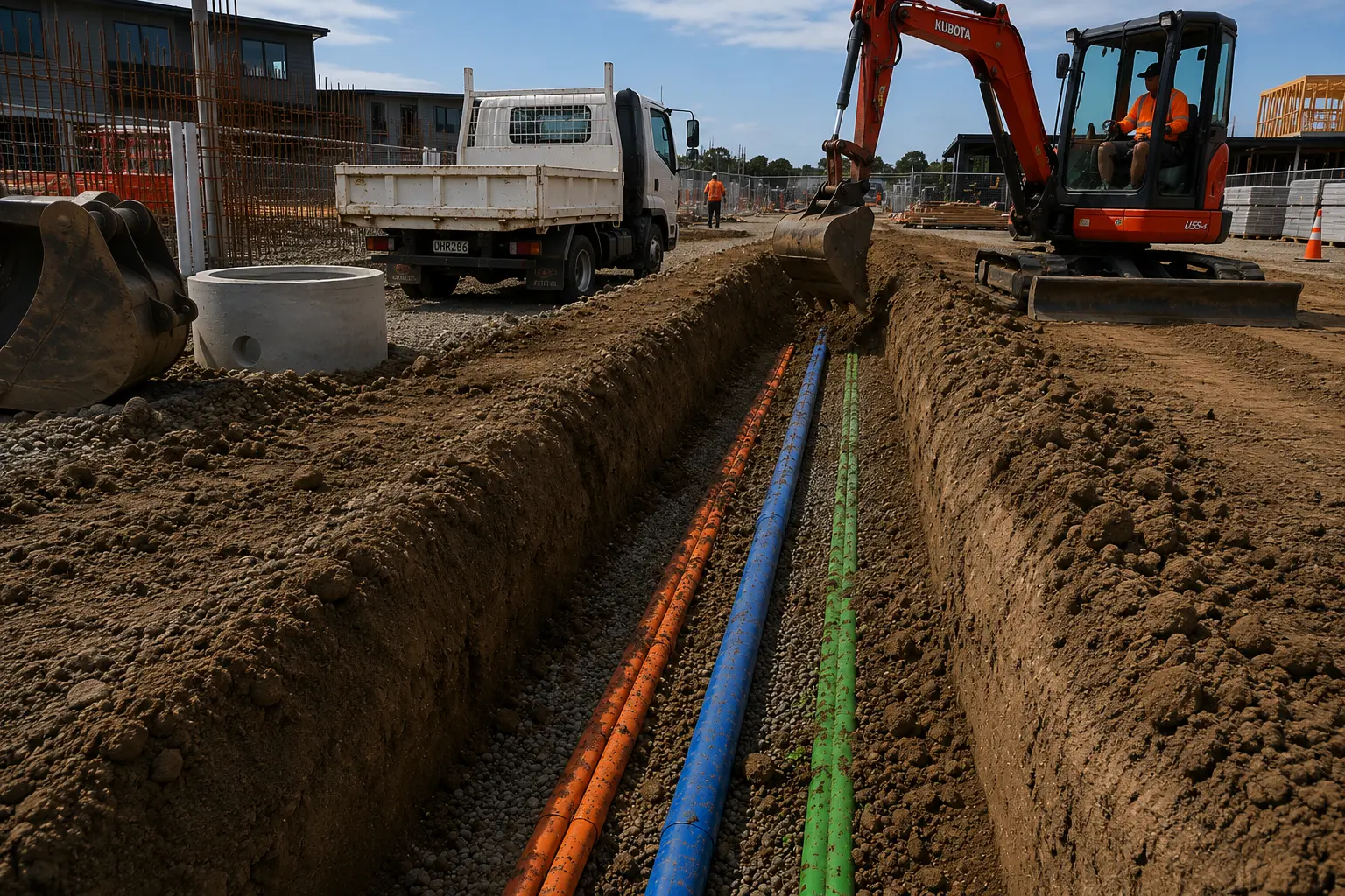 Open trench with telecommunications, power, gas and water services being installed