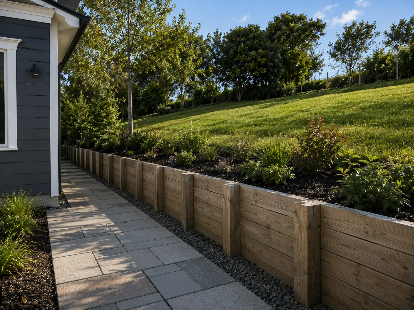 Timber retaining wall at a modern residential property